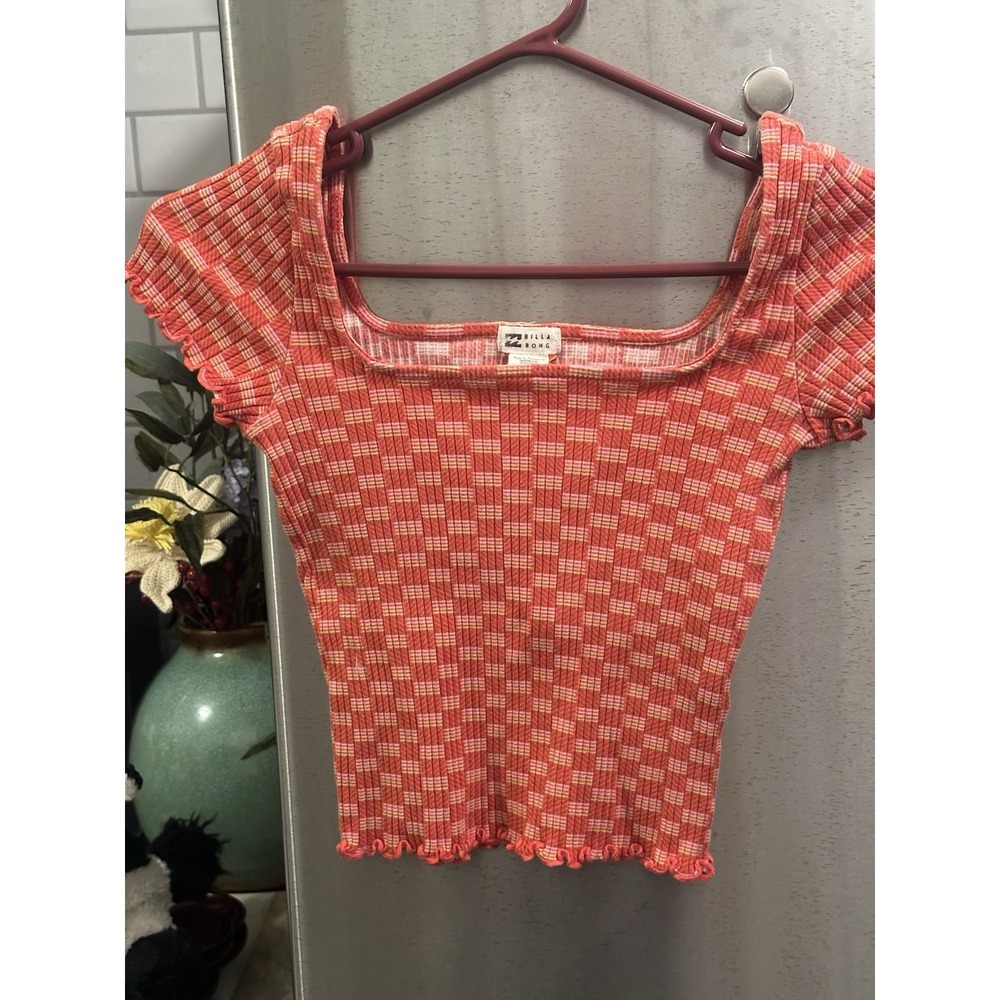 Y2K Billabong Ribbed Square Neckline Cropped Ruffle Trim SzL - Picture 2 of 16